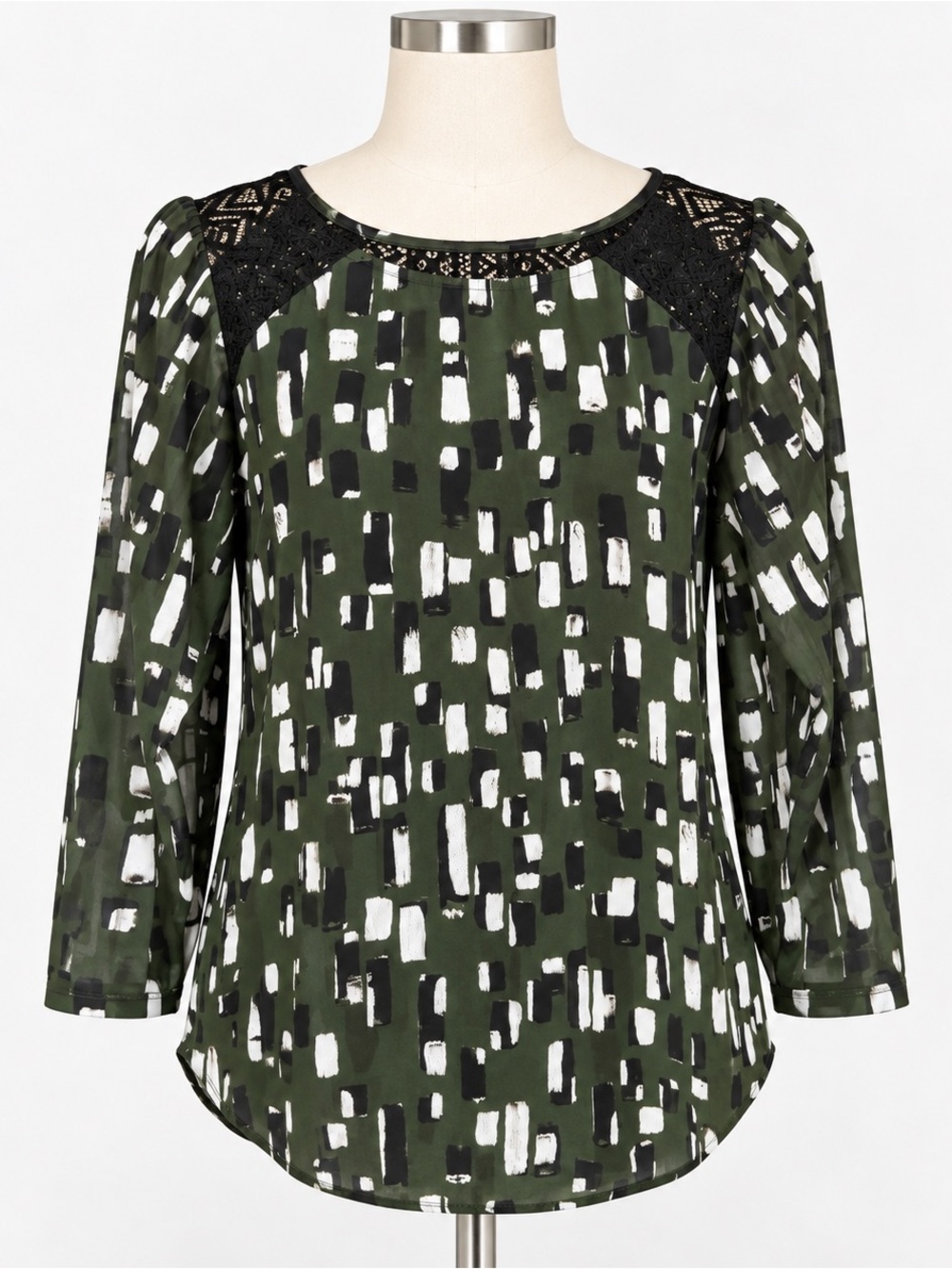 Weston Olive Green Black White Abstract Print Lace Yoke Top Size M